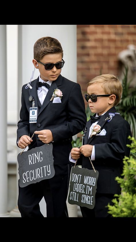 Security Guard Ring Bearer, 2 Ring Bearer Ideas, Secret Service Ring Bearer, Ring Boy Security, Son Walking Bride Down Aisle, Ring Bearer Security Guard Wedding Ideas, Wedding Security Guard, Wedding Bearer Ideas, Cute Ideas For Ring Bearers