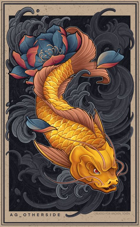 Dragon Fish Tattoo Design, Dragon Koi Tattoo Design Japanese Style, Japanese Golden Dragon Tattoo, Dragon Koi Fish Tattoo Design, Japan Koi Tattoo, Koi Dragon Tattoo Sleeve, Koi To Dragon Tattoo, Japan Fish Tattoo, New Japan Tattoo