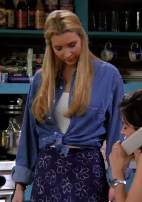 Denim overshirt, white shirt, floral blue skirt 90s Attire, 80s Outfits Spirit Week, Phoebe Buffay Outfits, 90s Dress Up, 90’s Outfits, 90s Inspired Outfits, Tied Shirt, Dress Up Day, Phoebe Buffay