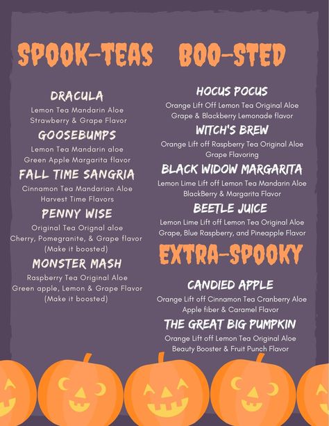 Herbalife October Tea Recipes, October Herbalife Teas, Herbalife Nutrition Club Menu Board Ideas, Pumpkin Herbalife Shake Recipes, Herbalife Tea Recipes Halloween, Herbalife Nutrition Tea Recipes, Halloween Herbalife Shake, Mega Tea Kits, Halloween Loaded Tea