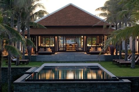 The Pool Villa in the evening at The Nam Hai, Hoi An, Vietnam Tropical House Design, Bali House, Resort Architecture, Tropical Architecture, Resort Design, Tropical Resort, Tropical House, Craftsman Bungalows, Resort Villa