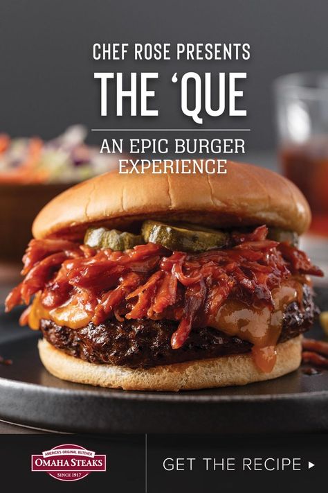 The Que burger combines the smoky, savory flavor and tender consistency of pulled pork with a burger made from 100% single-origin beef brisket, seasoned with a phenomenal dry rub, and topped with creamy and smooth cheddar cheese, what’s not to love? This epic burger delivers a mouthwatering barbeque experience in every bite! Try Executive Chef David Rose's recipe now. Hamburger Sauce, Brisket Burger, Pulled Pork Burger, Gourmet Hot Dogs, Cheeseburger Recipe, Beef Brisket Recipes, Pulled Beef, Rose Recipes, Brisket Recipes