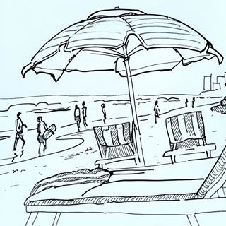 Beach Pencil Sketch, Beach Pen Drawing, Drawing Beach Scenes, Beach Illustration Drawing, Beach Drawing Reference, A Beach Scene Drawing, Beach Scenes Drawing, Beach Scene Sketch, Beach Umbrella Drawing