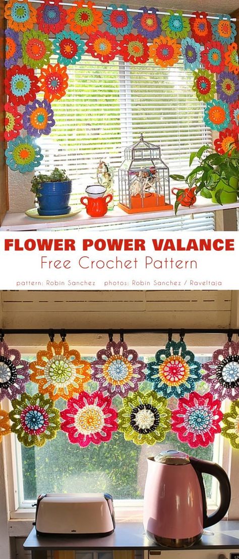 Flower POwer Valance Crochet Patterns Curtains, Granny Square Curtain Free Pattern, Crocheted Window Curtain, Crochet Window Valance Free Pattern, Crochet Pattern Curtain, Crochet Granny Square Curtain, Crochet Flower Curtain Pattern Free, Granny Square Valance, Crochet Outside Decor