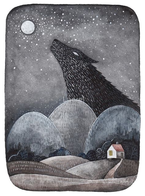 Moon Wolf Aesthetic, Weird Wolf Art, Sleeping Wolf Illustration, Wolves Howling At The Moon, Wolf Howling At The Moon Painting, Red Riding Hood Art, Stair Art, Snow Illustration, Artist Prints