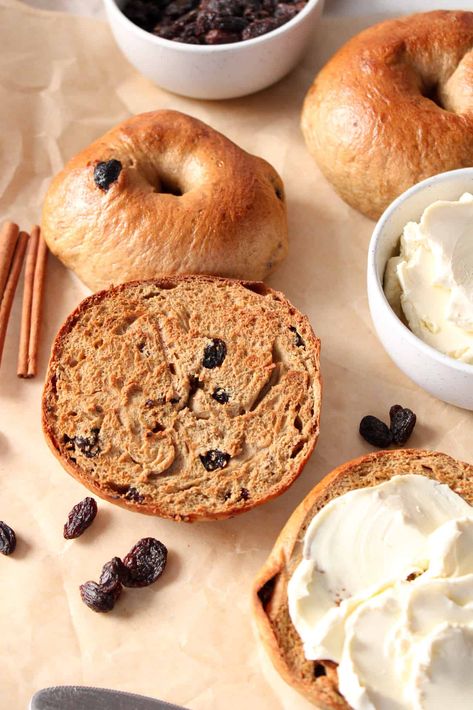 Homemade cinnamon raisin bagels are dense and chewy, filled with ground cinnamon and sweet raisins. They are easy to make for breakfast served with cream cheese. Homemade Cinnamon Swirl Bagels, Cinnamon Raisin Bagel Recipe, Cinnamon Raisin Bagels, Bagel Recipe Easy, Cinnamon Raisin Bagel, Homemade Breakfast Sausage, Bagel Cream Cheese, Bread Maker Recipes, Homemade Bread Recipes Easy