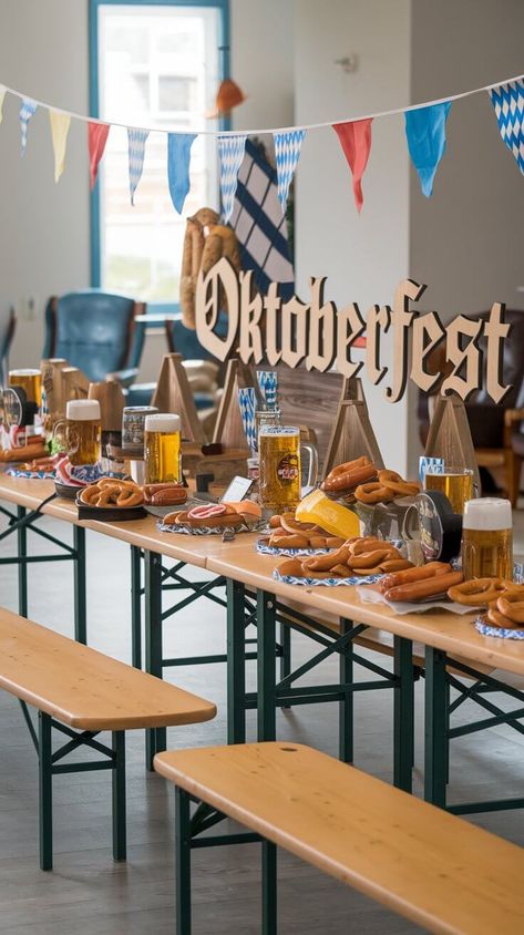 How to Plan the Perfect Oktoberfest-Themed Party at Home Oktoberfest At Home, Oktoberfest Birthday Party, Oktoberfest Kids Party, Oktoberfest Table Decorations, October Fest Party Ideas, Oktoberfest Decor, Bavarian Decor, Oktoberfest Table, Oktoberfest Menu