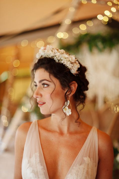 The Best Hairstyles for a Sweetheart or V-neck Wedding Dress | Make Me Bridal Bride Updo With Flowers, Wedding Hair Updo With Flowers, Flower In Hair Wedding, Bridal Hair With Flower Crown, Bridal Hair Flower Crown, Bridal Short Hair, Updo With Headband, Wedding Bun, Low Updo