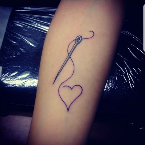 Needle and Heart Thread Tattoo Needle And Thread Tattoo Design, Sewing Heart Tattoo, Sewing Tattoo Ideas Grandma, Sewing Tattoo Grandma, Quilt Tattoo Ideas, Sewing Needle Tattoo, Grandparent Tattoos, Needle And Thread Tattoo, Tattoo Sewing