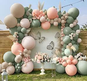 Peach Balloon Arch, Cream Balloon Arch, Pink White Balloons, Pink Ballon, Green Balloon Arch, White Balloon Arch, Pink Birthday Decorations, Sage Green And Pink, Pink Balloon Garland