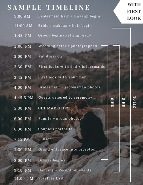 Wedding Photography Itinerary, 8 Hour Wedding Photography Timeline, Wedding Day Photography Timeline, First Wedding Photography Tips, Photographer Timeline Wedding, First Look Wedding Timeline, Wedding Photography Schedule, Day Of Wedding Timeline 4:00 Ceremony, Wedding Day Timeline 5:30 Ceremony No First Look