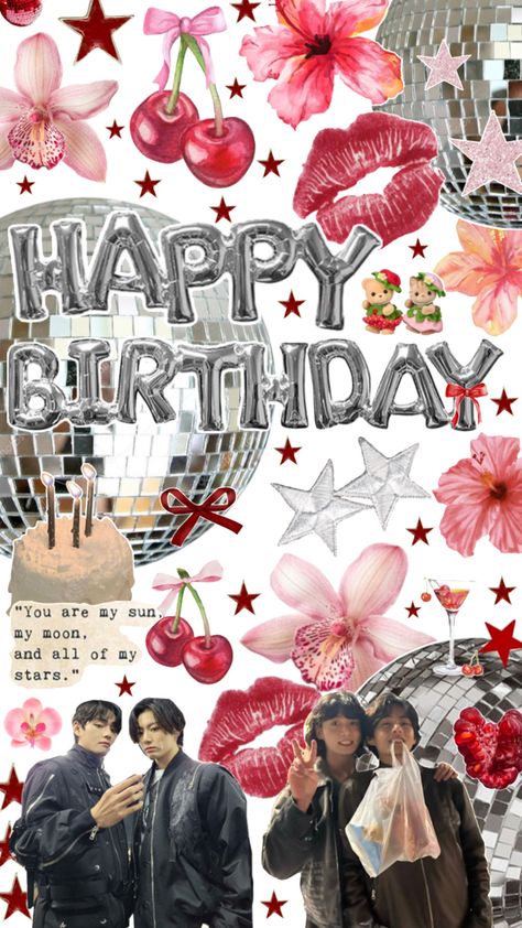 Color’s: pink, red, and silver. Includes ribbons, disco balls, drinks, flowers, cherries, stars, and Taekook (Jungkook and Tae) Stickers Collage, Birthday Collage, Bday Cards, Birthday Template, Birthday Stickers, Foto Ideas Instagram, Digital Journal, Cute Wallpapers, Collage