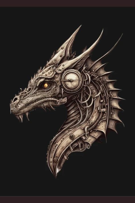 This steampunk dragon t-shirt features a detailed and intricate illustration of a bold and daring dragon, prepared to take on any challenge. The dragon is designed with a steampunk aesthetic, adorned with a variety of gears, cogs, and other mechanical components. Wear this t-shirt with pride and show the world your strength and courage. Mechanical Dragon Art, Steampunk Art Drawing Sketches, Steampunk Dragon Tattoo, Steampunk Moodboard, Steampunk Dragons, Steampunk Sketch, Machine Dragon, Steampunk Art Drawing, Mechanical Dragon