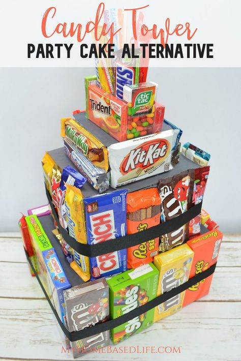 Who doesn't love candy? You can make this Candy Tower in place of a pinata. Everyone gets a chance to get candy and it's no leftovers. Don't worry busy moms, this is going to make your life a whole lot easier. #cakealternitive #birthday #candy #diy | Birthday Party Cake Ideas | Cake Ideas | Cake Alternatives | DIY | Candy |  via @myhomebasedlife Alternative Birthday Cake Ideas, Candy Box Ideas Diy, Candy Cake Ideas Birthday, Candy Bar Birthday Cake, Candy Corsage, Diy Candy Cake, Candy Cake Diy, Birthday Party Cake Ideas, Candy Tower