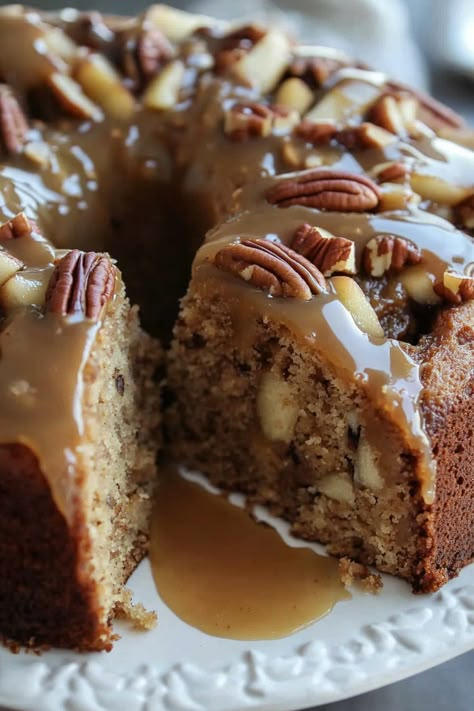 This Apple Pecan Cake with Caramel Glaze is an irresistible dessert filled with tender apple chunks, crunchy pecans, and warm spices, all brought together by a luscious homemade caramel sauce drizzled over the top. It’s a perfect combination of flavors in every bite! I can never get enough of apple cake – the soft, sweet Apple Pecan Cake, Caramel Glaze Recipe, Cake With Caramel, Caramel Glaze, Homemade Caramel Sauce, Pecan Cake, Crunchy Pecans, Organized Chaos, Bundt Cakes