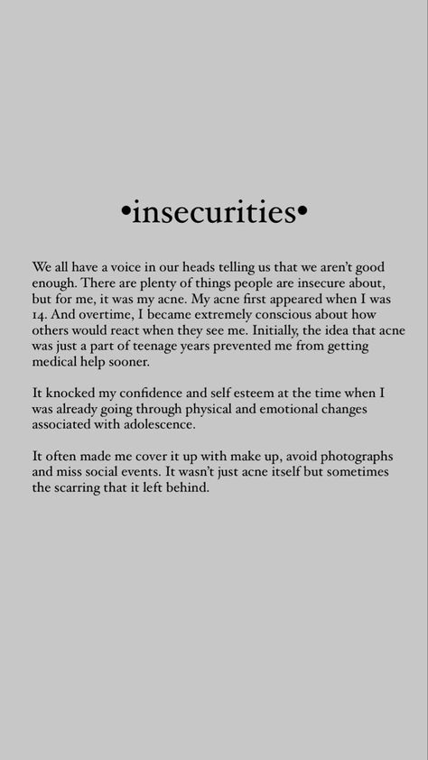 Acne Insecure Quotes, Acne Motivational Quotes, Quotes About Acne Positivity, Insecure Face Quotes, Poems For Insecure People, Acne Quotes Motivation, Acne Positivity Quotes, Acne Insecurities, Acne Motivation