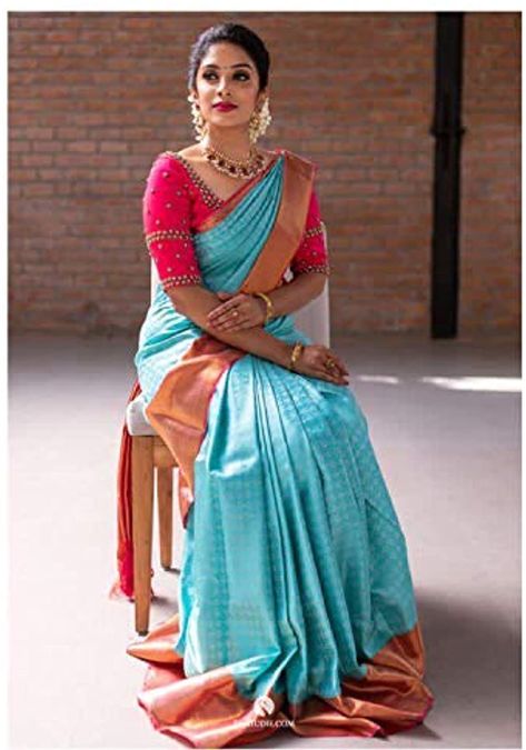 Sky Blue Saree, Blue Silk Saree, Designer Sarees Wedding, Bridal Sarees South Indian, Wedding Saree Indian, Blue Saree, Kanchipuram Saree, Saree Look, Soft Silk Sarees