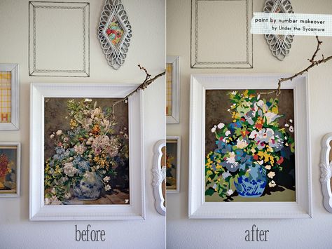 Old painting makeover (with one i don't really like in the first place.. but that original flower vase one was cool!) Thrift Store Art, Number Art, Thrift Store Crafts, Upcycled Art, Old Paintings, Diy Paint, Upcycled Crafts, Crafty Craft, Diy Wall Art