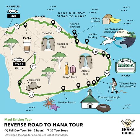 Shaka Guide's Reverse Road to Hana Itinerary Hana Road Maui, Road To Hana Itinerary, Road To Hana Maui Map, Hawaii Road Trip, Road To Hana Map, Hana Highway Maui, Maui Map, Road To Hana Maui, Hawaii Trip Planning