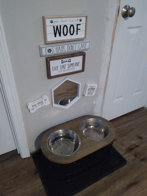 Dog Space Apartment, Doggie Food Station, Dog Eating Area Decor, Dog Setup In Apartment, Dog And Cat Food Station, Pet Nook, Small Dog Areas Inside, Dog Organization Station Small Spaces, Organized Dog Area