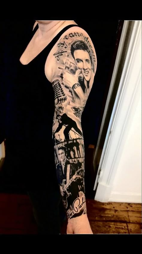 Elvis Presley Tattoos Elvis Sleeve Tattoo, Rockabilly Tattoo Sleeve, Elvis Presley Tattoos, Elvis Presley Tattoo, Music Tats, Elvis Presley Las Vegas, Church Tattoo, Elvis Tattoo, Rockabilly Tattoos