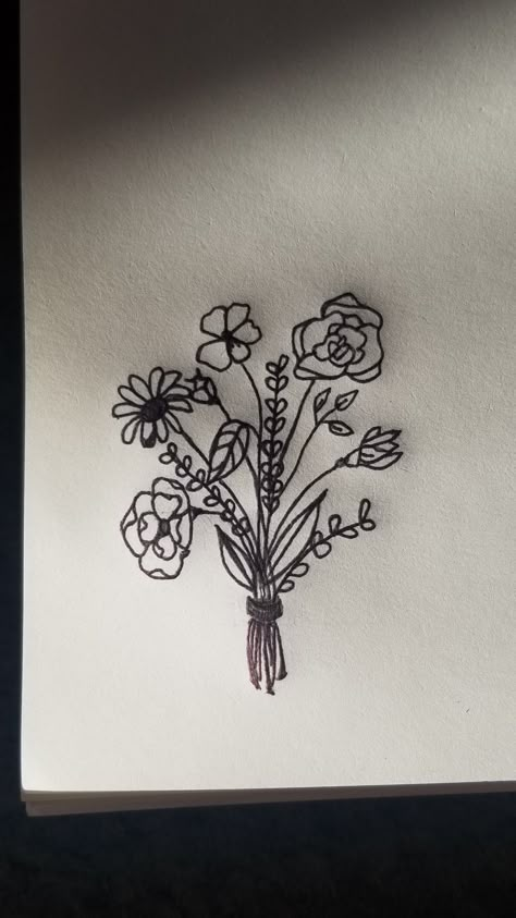 Family Member Drawing Tattoo, Hand Drawn Flowers Tattoo, Family Flower Tattoos For Women, Family Flower Drawing Tattoo, Hand Drawn Family Tattoo, Family Garden Tattoo, Flower Tattoos Drawn By Family, Flower Drawing Tattoo Family, Family Drawn Flower Bouquet Tattoo