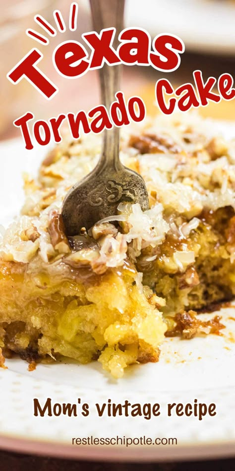 Get ready to wow everyone with this super easy Texas Tornado Cake recipe! It's an old-school favorite that's perfect for sharing at potlucks. This cake can feed a crowd and comes with a deliciously gooey coconut pecan topping that everyone will love. Pin it now to keep on hand for summer parties! Texas Tornado Cake Recipe, Tornado Cake Recipe, Tornado Themed Cake, Texas Torpedo Recipe, Texas Tornado Cake Recipe With Pineapple, Potluck Finger Foods, Tornado Cake, Texas Tornado, Rum Cake Recipe