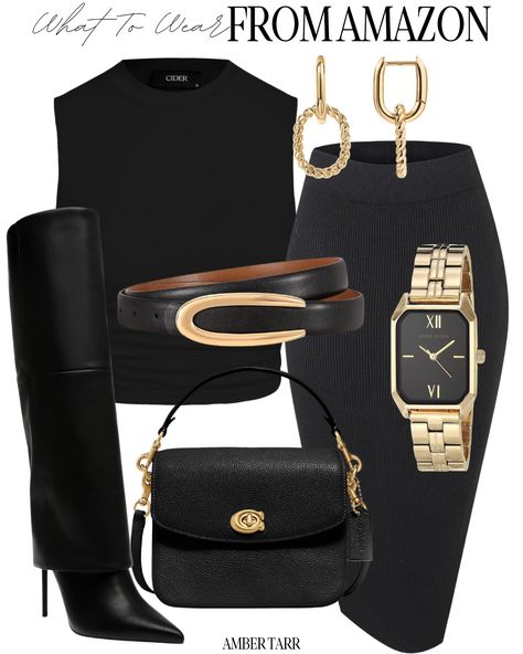 Black And Gold Outfit Classy, Outfits On Amazon, Black And Gold Outfit, Dress Pants Outfits, How To Look Expensive, Gold Outfit, Fall Winter Wardrobe, All Black Outfit, Found On Amazon