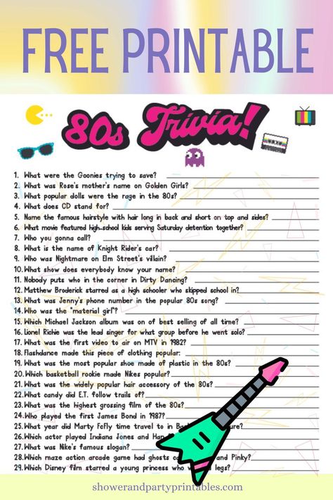 Instant download of a free 80s trivia questions and answers printable to play at an 80s party or just for fun! 40th Birthday Trivia Game, 80’s Theme Party Games, 80s Party Snacks Finger Foods, 80s Theme Party Games, Free Printable Games For Adults, 80s Birthday Party Theme, 80s Theme Birthday Party, 80s Birthday Party Ideas, 80s Gala