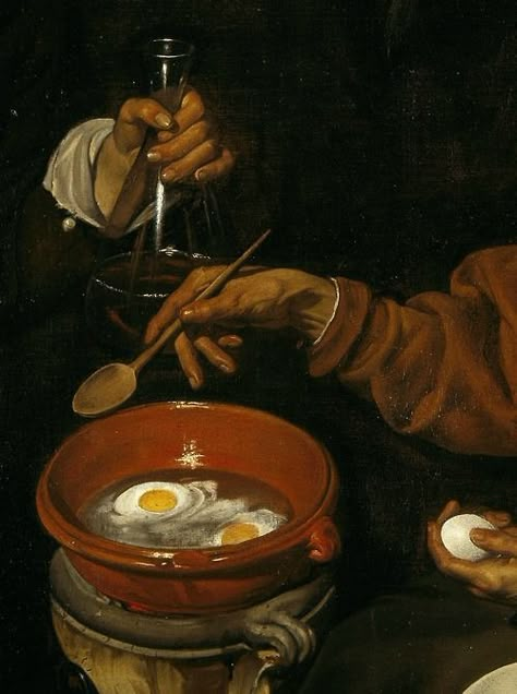 Detail of "An Old Woman Cooking Eggs," 1618, Diego Velazquez Contemporary Baroque, Woman Cooking, Diego Velazquez, Cooking Eggs, Scotland Edinburgh, Painting Details, Spanish Painters, Baroque Art, Art Details