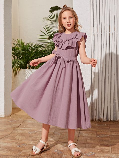 Lilac Purple Cute Collar Sleeveless Cotton Plain A Line Embellished Non-Stretch Summer Girls Clothing Dress For Girls 10-12, Frock For Kids, Middy Dress, Dress Outfits Party, Girls Ruffle Dress, Bride Dress Simple, Simple Frocks, Frock Fashion, Simply Dress