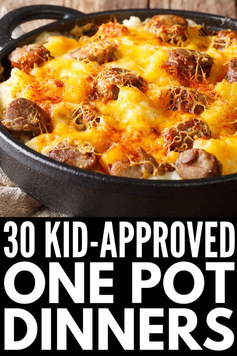 30 Easy Dinners for Kids | If you’re a busy mom with kids who are picky eaters and you’re looking for tips to make healthy meals fast, these quick, simple, and cheap ideas are for you! We’ve curated 30 days of one pot meals for kids, including chicken and ground beef dishes, comfort foods like macaroni and cheese, spaghetti, and pizza, rice and pasta ideas, and more. #onepotmeals #onepotrecipes #backtoschool #easydinnersforkids Easy Meals For Four People, Easy One Dish Meals Simple, Easy Recipes Dinner Picky Eaters, Easy Healthy Meals For Picky Adults, Easy Cheap Dinners For Family Healthy, Easy Cheap Dinner Recipes For Picky Eaters, Easy Single Mom Meals, Healthy Supper Ideas For Picky Eaters, Dinner For Picky Adults