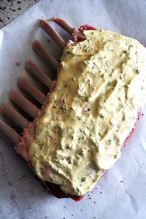 The best, easiest rack of lamb you will ever make! This recipe takes five minutes to prepare. It's foolproof. And if you enjoy gnawing on bones as if they were lollipops, this recipe is for you. Make it. #lamb #rackoflamb #mustard #herbs How To Make Rack Of Lamb, Lamb French Rack Recipe, French Rack Of Lamb Recipes Oven, Frenched Rack Of Lamb Recipes, How To Cook Rack Of Lamb, Roasted Lamb Rack, Oven Roasted Rack Of Lamb, Rack Lamb Recipes, Air Fryer Rack Of Lamb