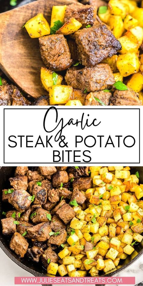 The perfect meal when you need dinner in a hurry that is hearty and delicious! This recipe for Garlic Butter Steak and Potatoes is full of tender, juicy pieces of steak with crispy potatoes tossed in garlic butter. Ready in under 30 minutes! Slow Cooker Steak Bites And Potatoes, Garlic Butter Steak And Potatoes, Butter Steak And Potatoes, Chuck Roast Crock Pot Recipes, Chuck Steak Recipes, Beef Chuck Steaks, Steak Dinner Recipes, Steak Dinners, Steak And Potatoes