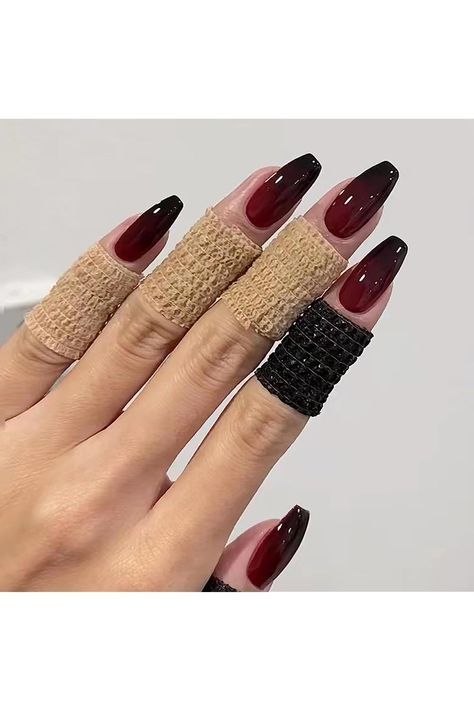 Nails Inspiration Black, Black Nail Tips, Ballerina Acrylic Nails, Red Goth, Wedding Manicure, Red Nail Art, Witchy Nails, Coffin Press On Nails, Halloween Acrylic Nails