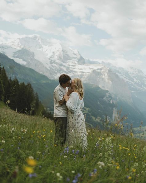 early morning frolicking through the wildflowers overlooking the town of lauterbrunnen, switzerland. what a dream to have been able to capture these moments 🏔️🎞️🌼 never ever getting over it host: @okerlundphotoandfilm @wilderrootsretreats mua: @jillianrubymua models: @carysxadi @sona.co.photo Switzerland Engagement Photos, Lauterbrunnen Switzerland, Getting Over, Engagement Pics, Photo Inspo, Over It, Engagement Pictures, Early Morning, Styled Shoot