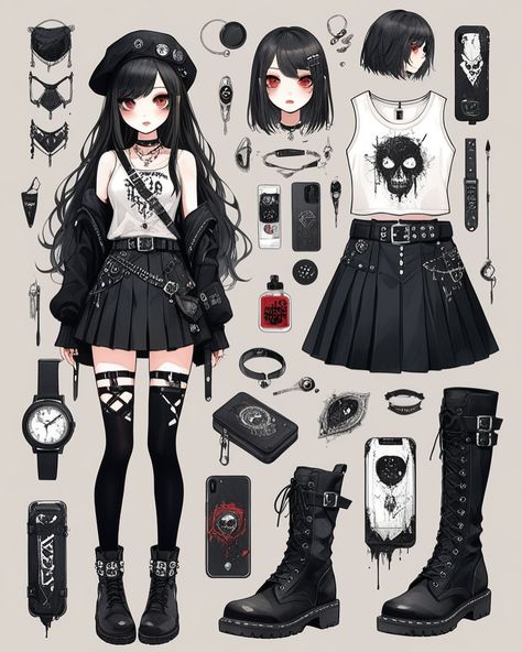 #aiart #aiartwork #aiillustration #manga #anime #illustration #aigirl #aiwoman #aipunk #punk #grunge #gothic Emo Anime Outfits, Anime Fashion Outfits Art, Punk Anime Female, Anime Clothes Outfits, Anime Style Outfit, Punk Art Style, Anime Goth Outfits, Gothic Character Design, Anime Outfit Ideas