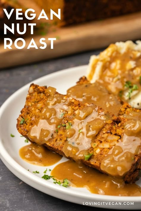 This vegan nut roast is perfect for a special occasion and makes the ideal main course. It's packed with nuts, veggies and plenty of flavor. | lovingitvegan.com Vegan Nut Roast, Vegan Lasagna Recipe, Vegan Loaf, Vegan Scalloped Potatoes, Nut Roast, Vegan Mushroom Gravy, Vegan Pot Pies, Nut Loaf, Vegan Meatloaf