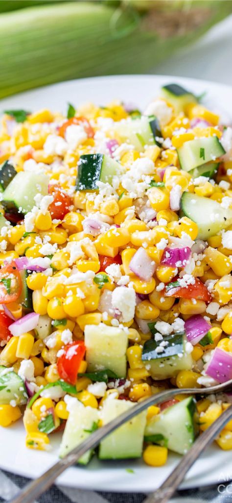 Cherry Tomatoes And Feta Cheese, Corn Appetizers, Corn Salad Recipe Easy, Tomatoes And Feta Cheese, Easy Corn Salad, Cucumber Feta Salad, Corn Tomato Salad, Corn Recipes Side Dishes, Tomatoes And Feta