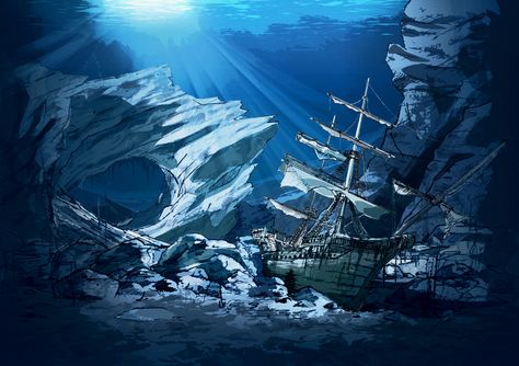 wreck, boat, underwater, drawing Ship Wreck Illustration, Underwater Shipwreck Art, Fantasy Shipwreck, Shipwreck Drawing, Boat Underwater, Underwater Boat, Underwater Shipwreck, Underwater Drawing, Sunken Boats