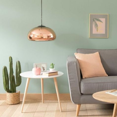 DECOR TIP: Mint green walls are calming, refreshing, and a fun pop of color to your home! 💚⠀ ⠀ Credit: Maisons du Monde Mint Living Rooms, Green Walls Living Room, Mint Green Walls, Living Room Green, Paint Colors For Living Room, Living Room Paint, A Living Room, Room Colors, 인테리어 디자인