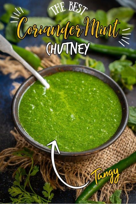 This tangy and spicy Green Chutney (Mint Coriander Chutney, Cilantro Mint Chutney, Indian Green Sauce) is the perfect accompaniment to serve with appetizers or Indian meals. Coriander Mint Chutney Indian, Indian Green Sauce Spicy, Cilantro Mint Chutney Indian, Cilantro Mint Chutney, Mint Coriander Chutney, Indian Green Chutney, Mint Sauce Indian, Mint Chutney Indian, Indian Green Sauce