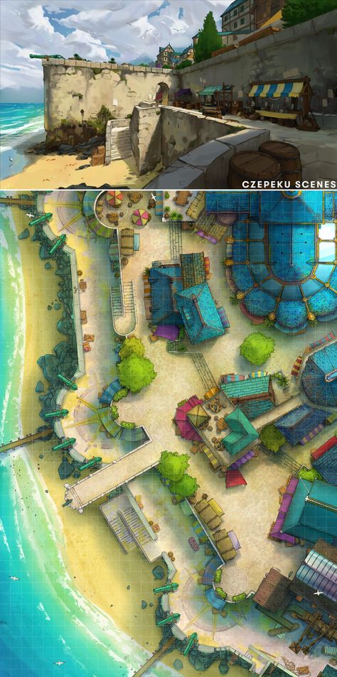 What are your plans for the day at the beach town? Town Battlemap, Cinematic Scene, Haunted Towns, Beach Village, Sky Day, Dnd Ideas, Dnd Maps, Rpg Maps, Rpg Map