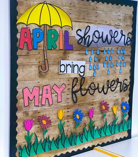 April Showers Bring May Flowers Window Display, April Showers Bring May Flowers Door, Bulletin Board Ideas For April, April Showers Bring May Flowers Bulletin Board, April Bulletin Board Ideas For Work, April Board Ideas, April Showers Bulletin Board, April Showers Bring May Flowers Bulletin, Umbrella Bulletin Board