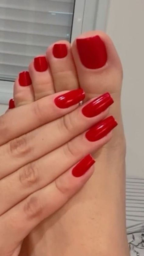 Matching Nails And Toes Fall, Red Nails And Toes Matching, Nail Ideas Toes, Summer Toes Nails, Red Mani Pedi, Red Pedicure Ideas, Toe Nail Designs For Summer, Toe Nail Colors, Red Pedicure