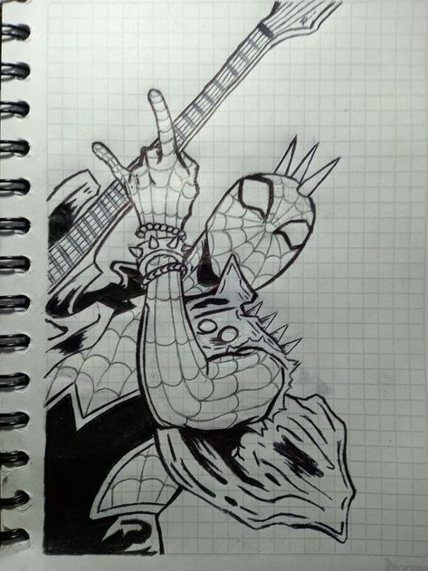 Hobie Sketch, Spiderpunk Drawing, Spider Punk Art, Spider Man Dibujo, Spider Punk Drawing, Spiderverse Spiderpunk, Mad Hatter Drawing, Punk Drawing, Easy Graffiti Drawings