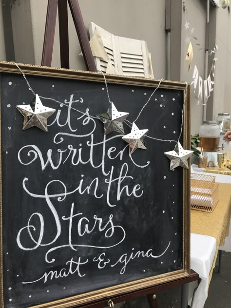 It's Written In The Stars, Celestial Bachelorette Party Ideas, Bridal Shower Celestial, Moon And Stars Shower Theme, Star Themed Bridal Party, Mystical Bridal Shower Theme, Starry Night Engagement Party, Celestial Rehearsal Dinner, Starry Night Bridal Shower Theme