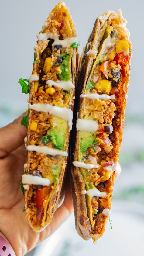 Vegan Crunch Wrap Supreme, Vegan Crunch Wrap, Make Sour Cream, Cashew Sour Cream, Vegan Cheddar Cheese, Chipotle Seasoning, Plant Based Recipes Dinner, Crunch Wrap, How To Press Tofu