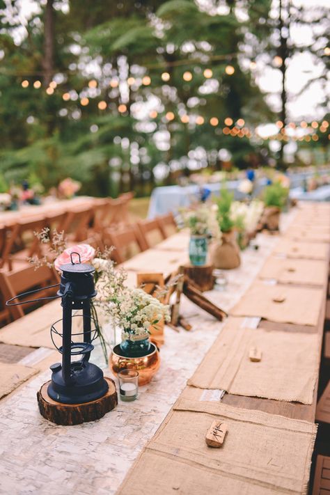 A Camping-Inspired Wedding | Philippines Wedding Blog Summer Camp Inspired Wedding, Camp Theme Wedding Centerpieces, Outdoors Party Theme, Summer Camp Wedding Table Decor, Summer Camp Table Decor, Camp Wedding Seating Chart, Camp Wedding Centerpieces, Camping Inspired Wedding, Summer Camp Wedding Aesthetic