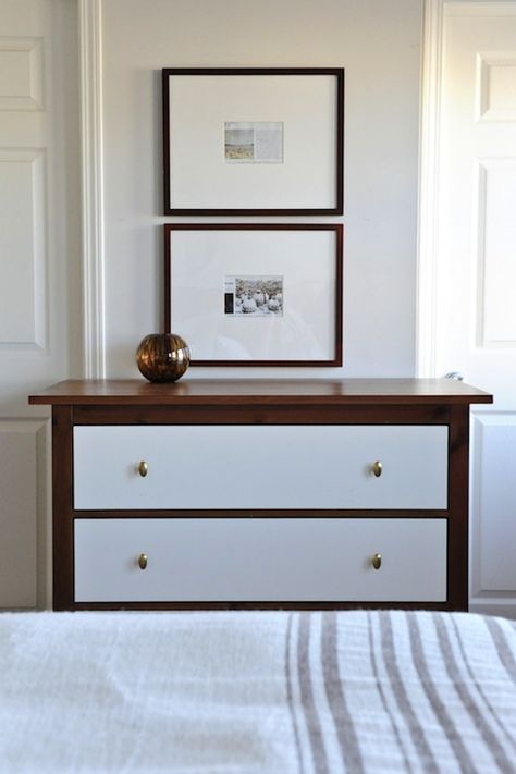 awesome ikea hack on hemnes 3-drawer chest. Love the look of dark dresser with light colored drawers and new knobs Bedroom Dark Wood Furniture, Bedroom Dark Wood, Ikea Bedroom Design, Ikea Hemnes Dresser, Bedroom Dark, Hacks Ikea, Dark Wood Furniture, Flourish Design, Dresser Design